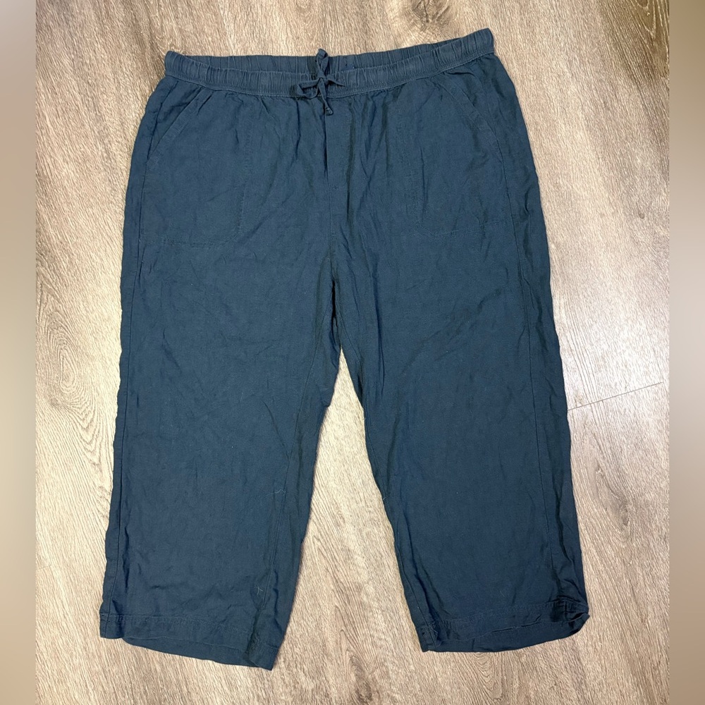 Splendid Women Navy XXL Viscose/Linen Pants Blend Wide Leg Crop Pull On Coastal